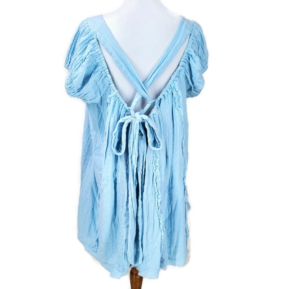 Free People Angele Gauzy Mini Dress Boho Summer Blue Oversized Puff Sleeve XS - Picture 5 of 15